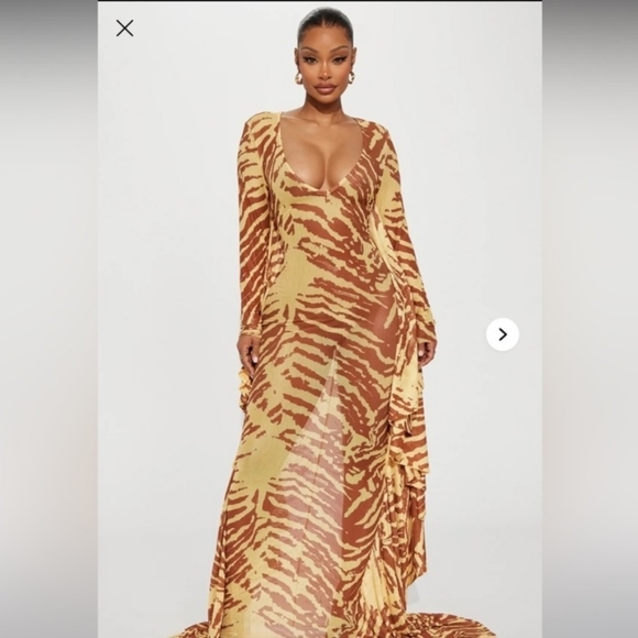 NWT/ Fashion Nova Run Wild Mesh Maxi Dress - Yellow/combo Med - Picture 2 of 11